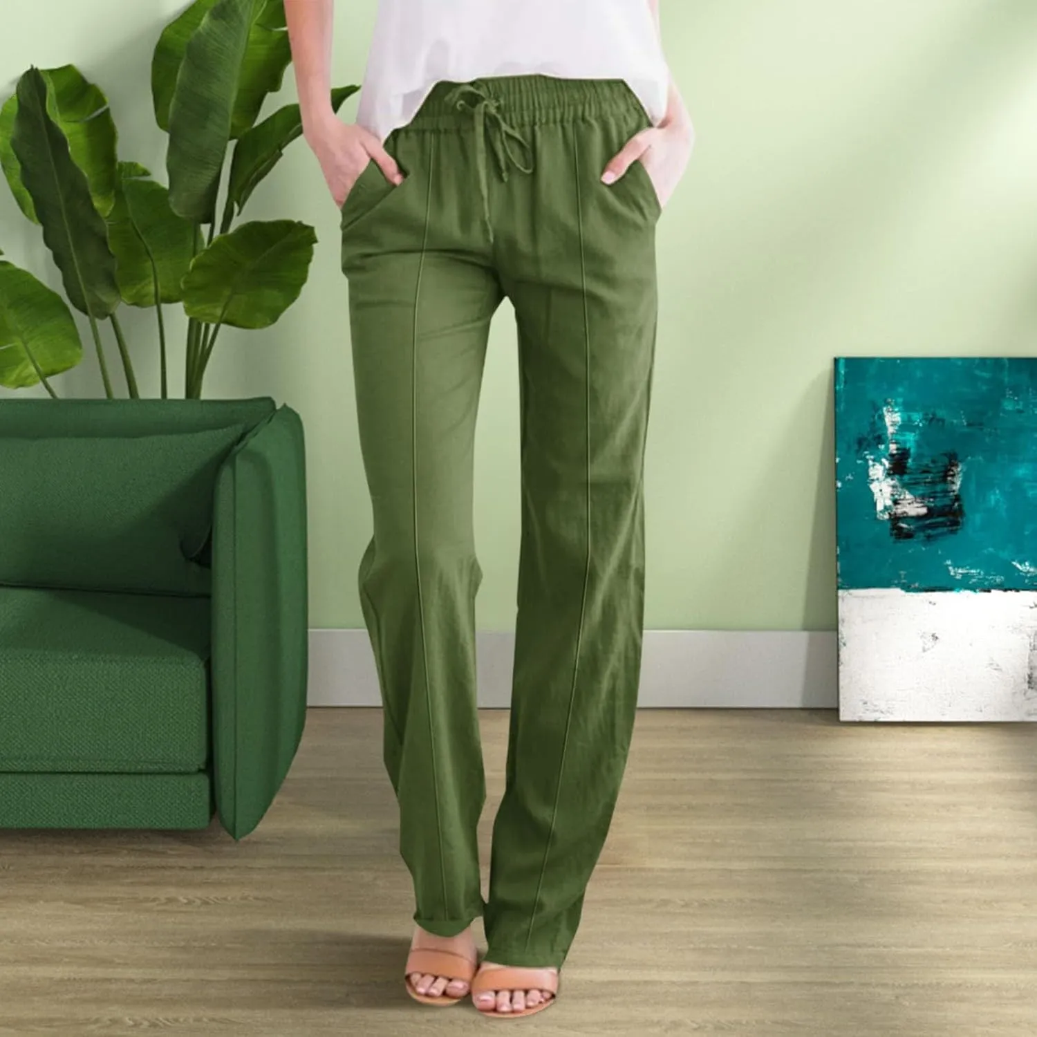 Linen Pants Capri Pants Cotton Linen High Waisted Trousers Casual Summer Lounge Trousers