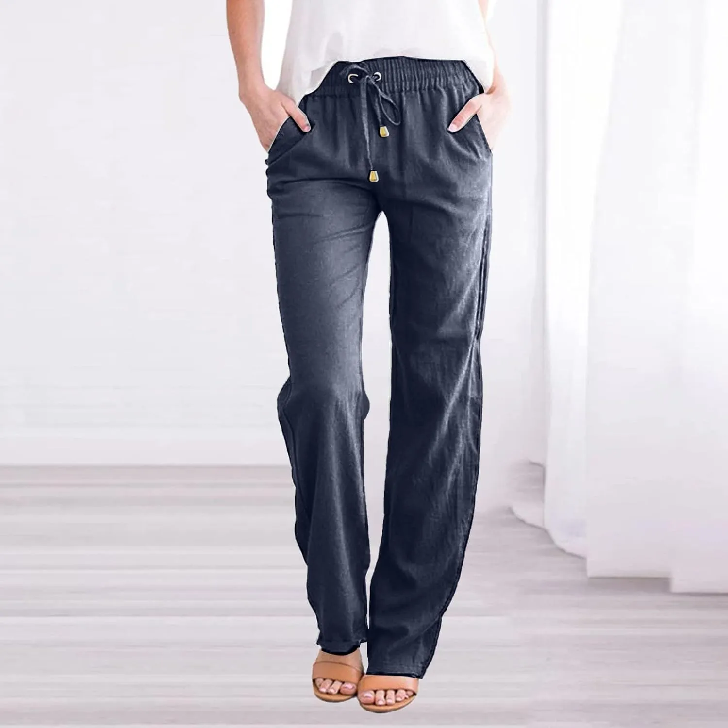 Linen Pants for Women 2025 Summer Drawstring Pants Casual Loose Wide Leg Lounge Trousers for Beach Travel Vacation