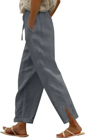 Linen Pants for Women 2025 Summer Drawstring Straight Leg Elastic Waist Lounge Trousers Casual Beach Pant with Split