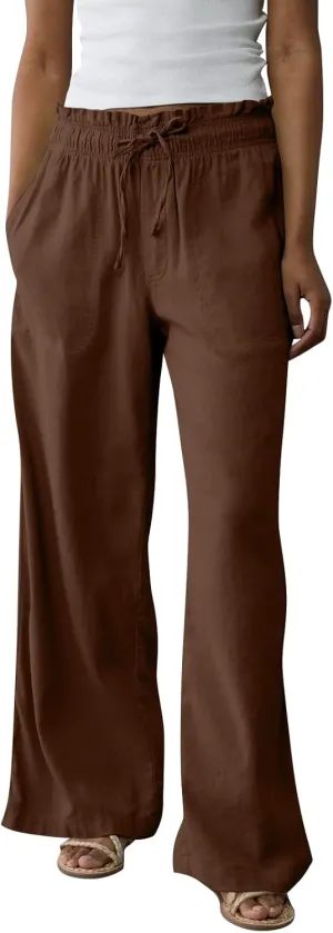 Linen Pants for Women Casual 2025 Summer Elastic Waist Drawstring Lounge Pants with Pockets High Waisted Solid Clothes