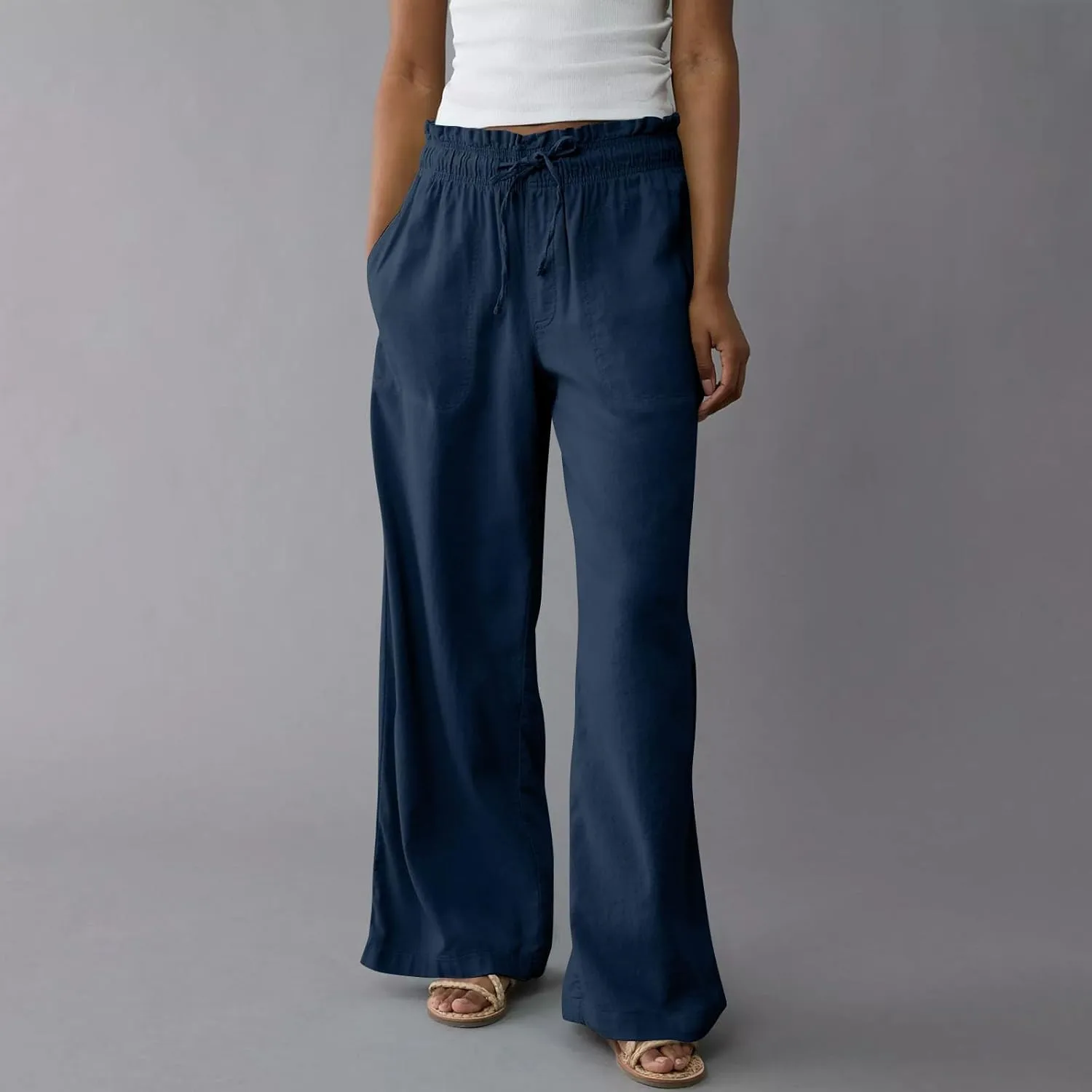 Linen Pants for Women Casual 2025 Summer Elastic Waist Drawstring Lounge Pants with Pockets High Waisted Solid Clothes