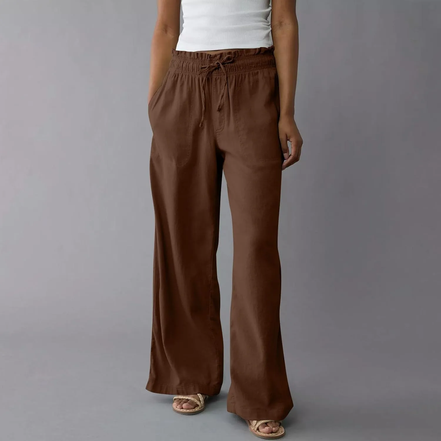 Linen Pants for Women Casual 2025 Summer Elastic Waist Drawstring Lounge Pants with Pockets High Waisted Solid Clothes
