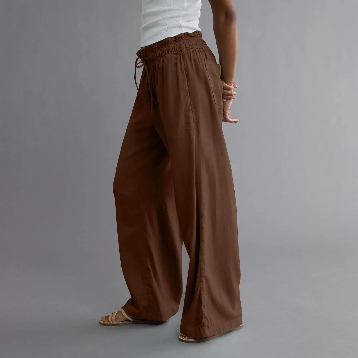 Linen Pants for Women Casual 2025 Summer Elastic Waist Drawstring Lounge Pants with Pockets High Waisted Solid Clothes
