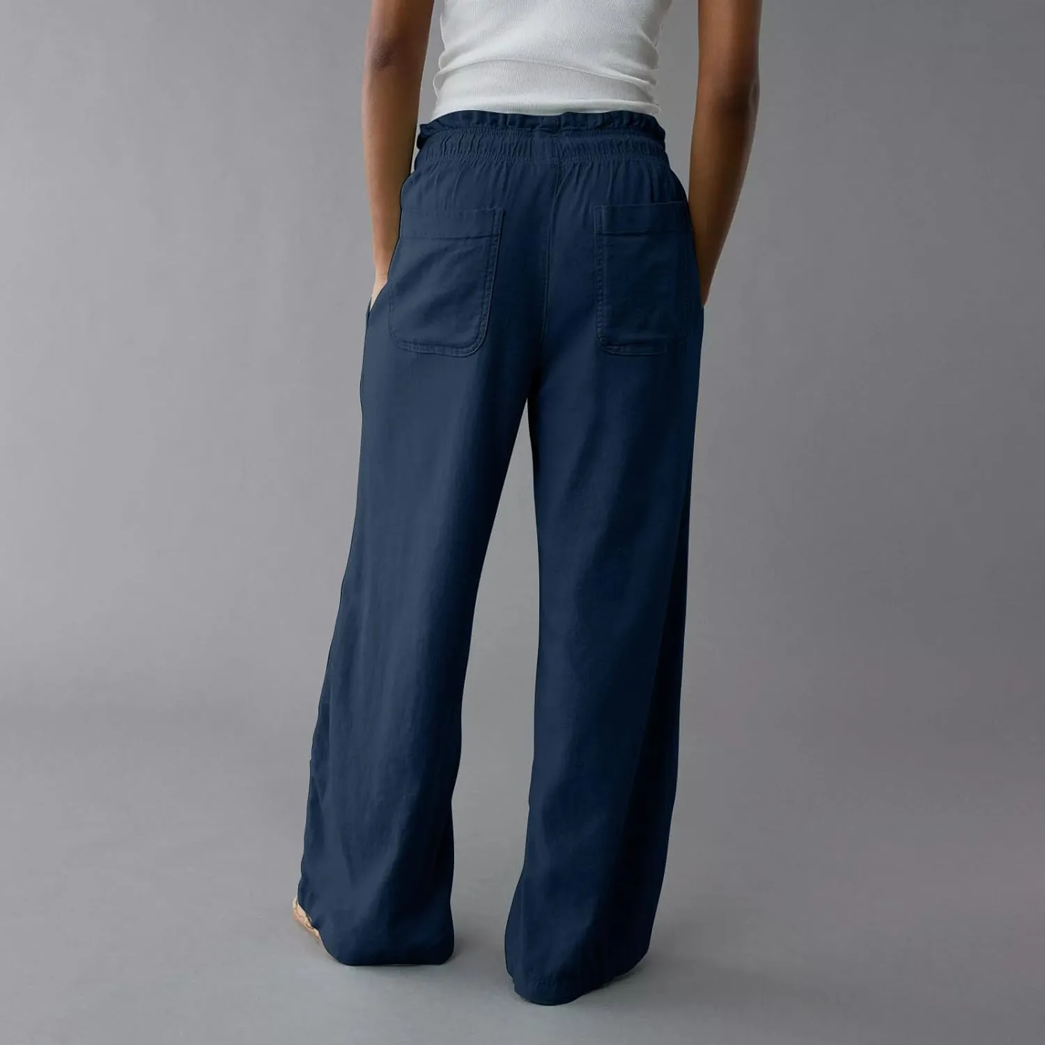 Linen Pants for Women Casual 2025 Summer Elastic Waist Drawstring Lounge Pants with Pockets High Waisted Solid Clothes