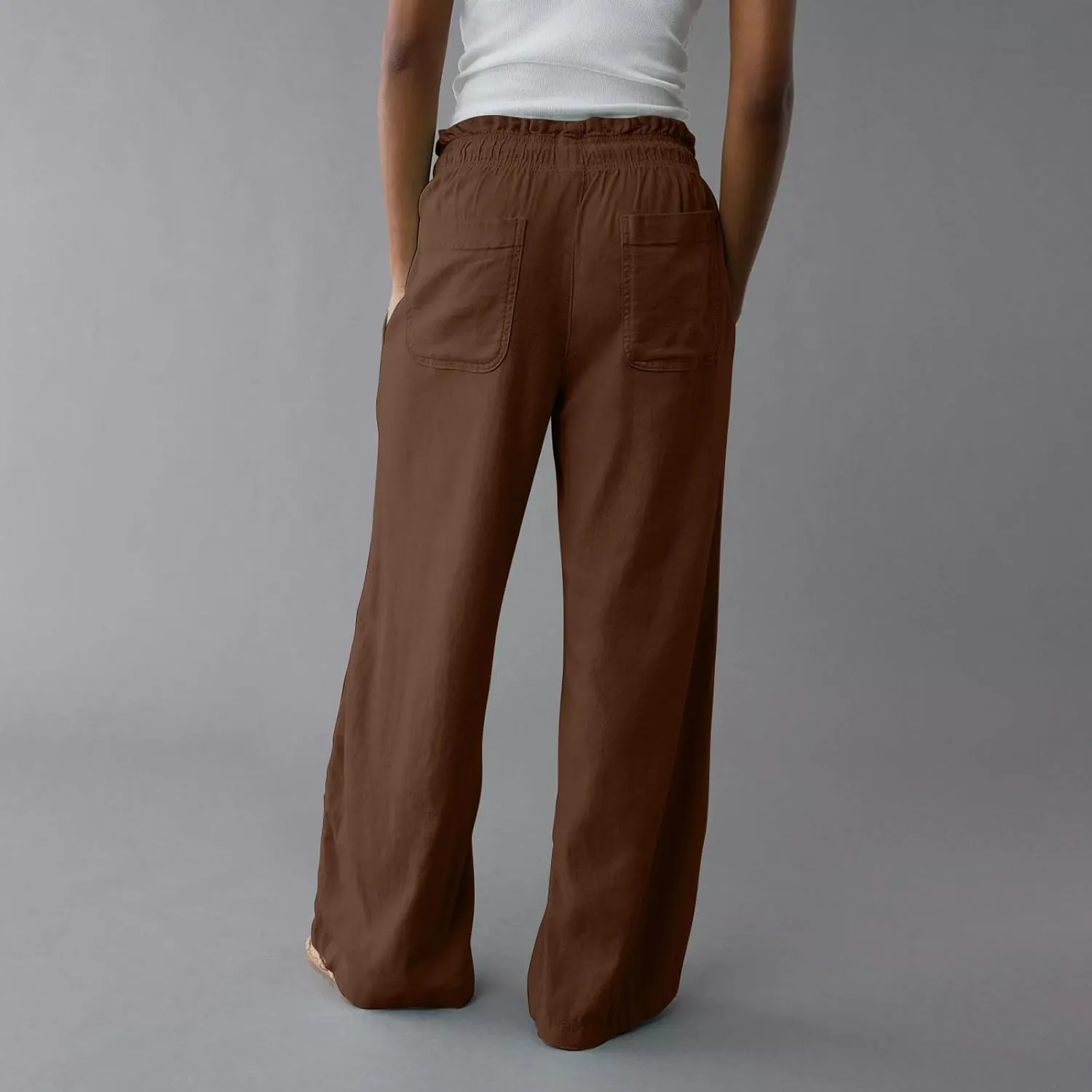 Linen Pants for Women Casual 2025 Summer Elastic Waist Drawstring Lounge Pants with Pockets High Waisted Solid Clothes