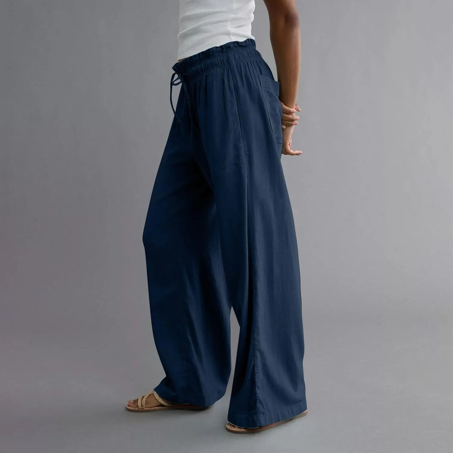 Linen Pants for Women Casual 2025 Summer Elastic Waist Drawstring Lounge Pants with Pockets High Waisted Solid Clothes