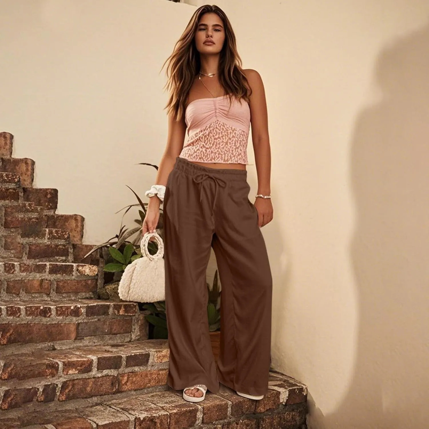 Linen Pants for Women Casual 2025 Summer Elastic Waist Drawstring Lounge Pants with Pockets High Waisted Solid Clothes