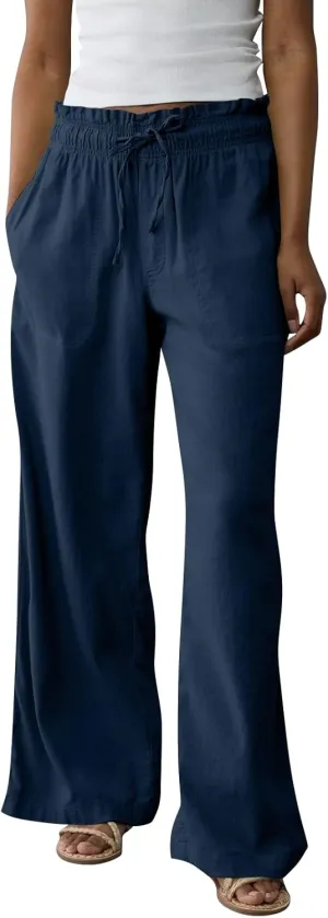 Linen Pants for Women Casual 2025 Summer Elastic Waist Drawstring Lounge Pants with Pockets High Waisted Solid Clothes