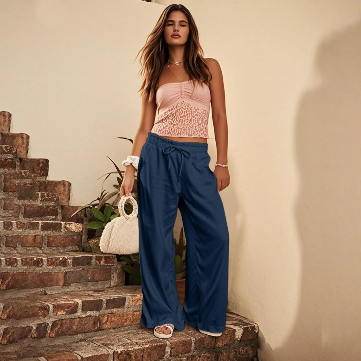 Linen Pants for Women Casual 2025 Summer Elastic Waist Drawstring Lounge Pants with Pockets High Waisted Solid Clothes