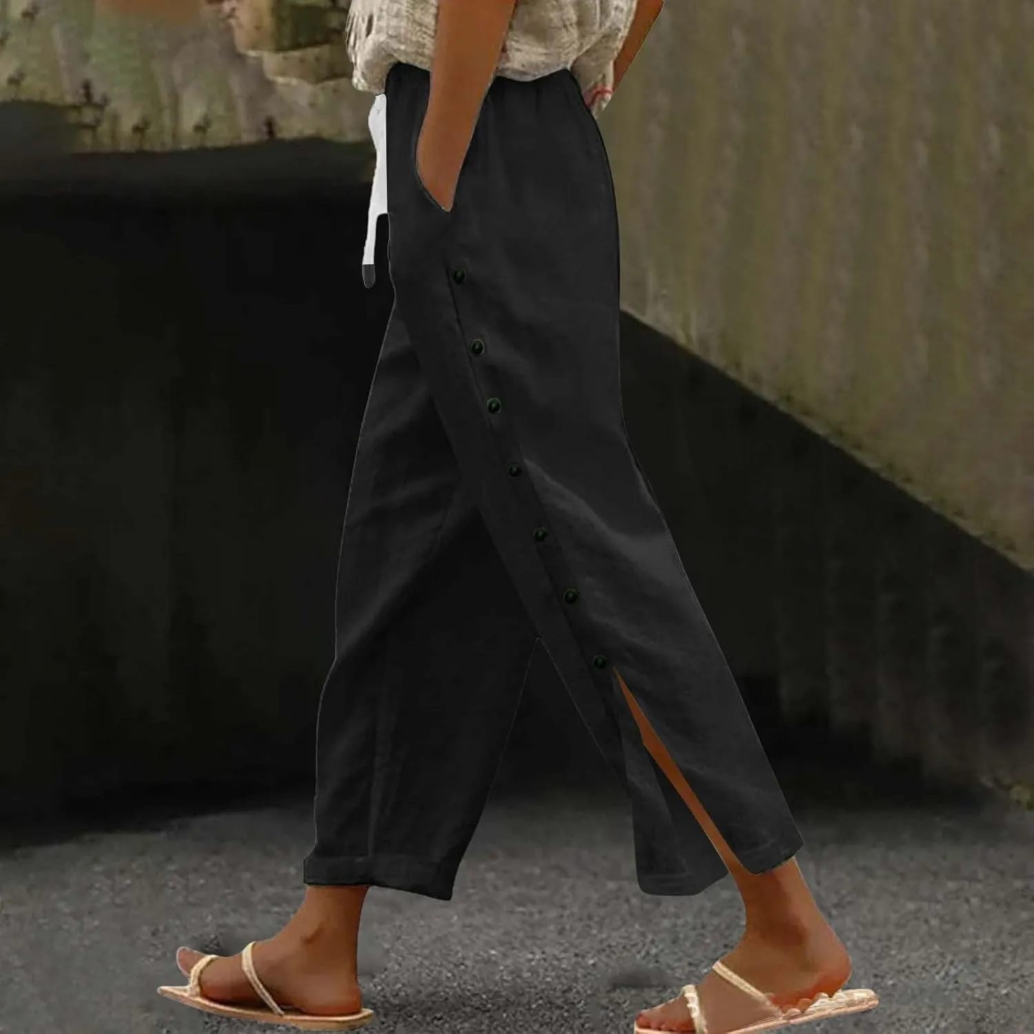 Linen Pants for Women Summer Elastic Waist Lightweight Pants Vacation Beach Side-Buttoned Closure Casual Trousers