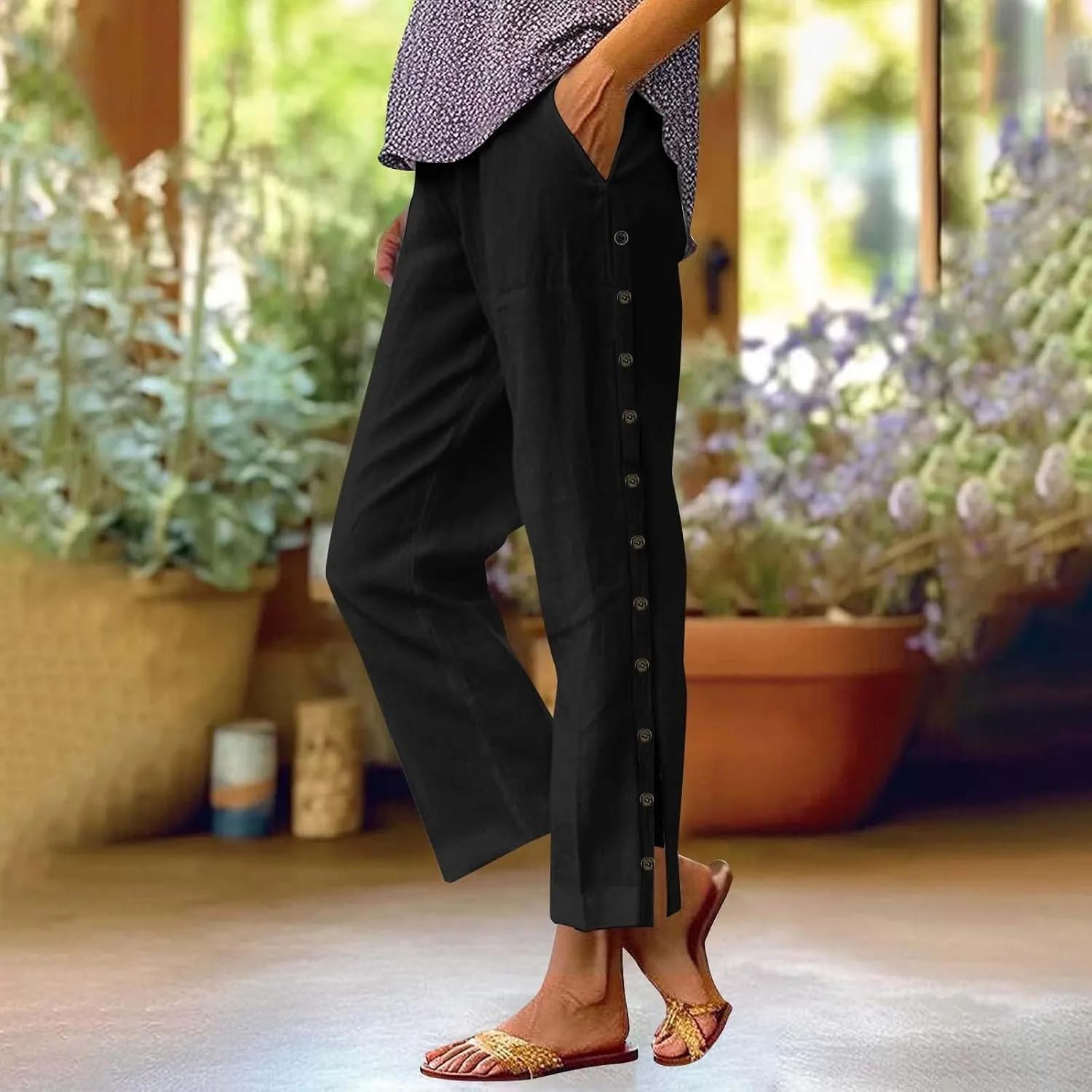 Linen Pants for Women Summer Elastic Waist Lightweight Pants Vacation Beach Side-Buttoned Closure Casual Trousers