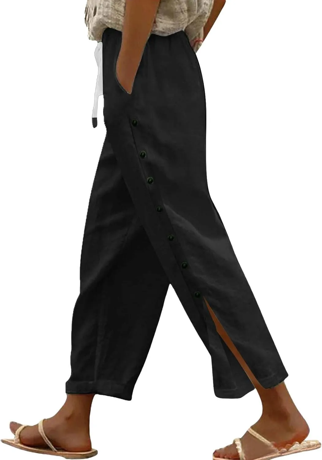 Linen Pants for Women Summer Elastic Waist Lightweight Pants Vacation Beach Side-Buttoned Closure Casual Trousers