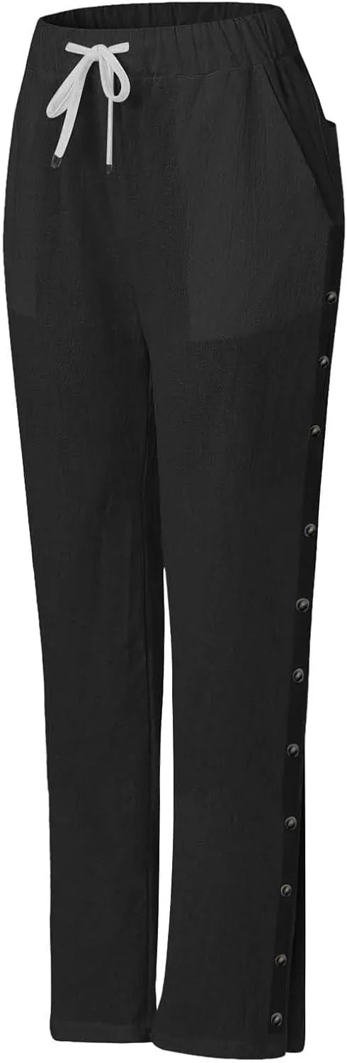 Linen Pants for Women Summer Elastic Waist Lightweight Pants Vacation Beach Side-Buttoned Closure Casual Trousers
