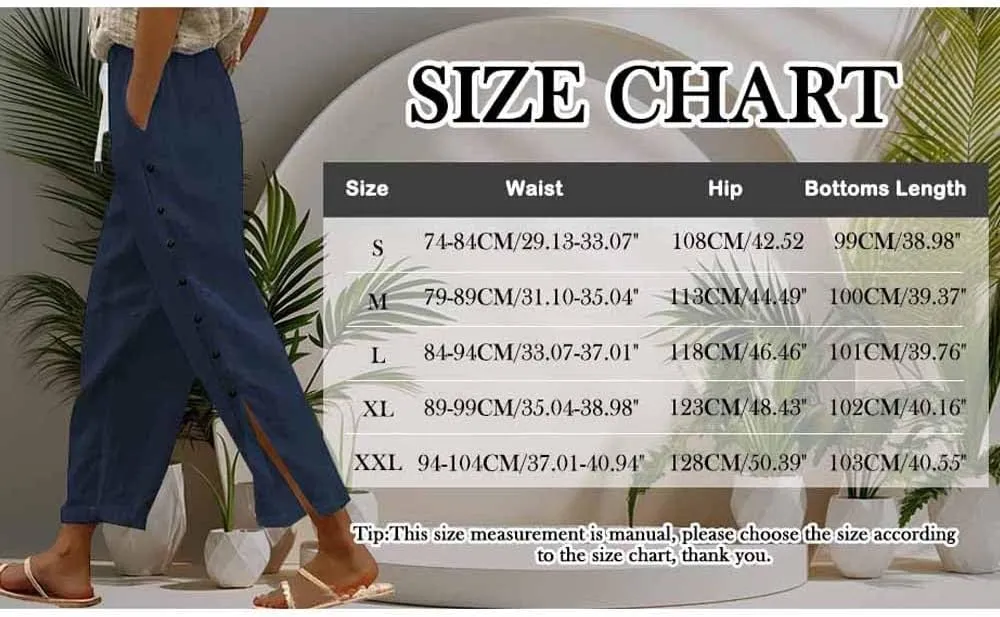 Linen Pants for Women Summer Elastic Waist Lightweight Pants Vacation Beach Side-Buttoned Closure Casual Trousers