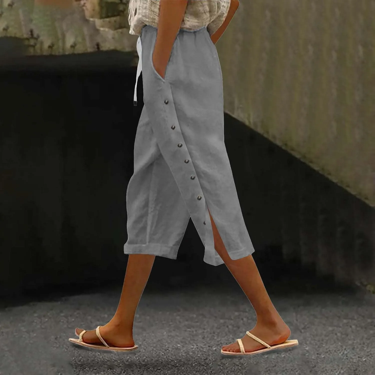 Linen Pants for Women Summer High Waist Elastic Drawstring Straight Leg Lounge Trousers Casual Loose Beach Pants