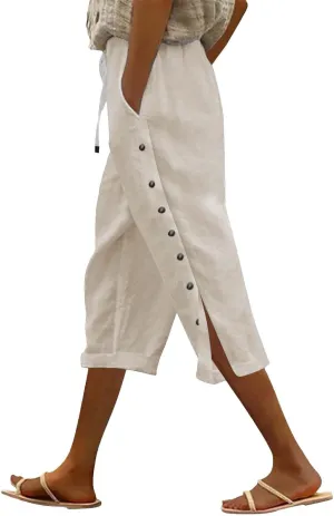 Linen Pants for Women Summer High Waist Elastic Drawstring Straight Leg Lounge Trousers Casual Loose Beach Pants