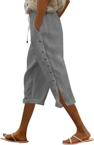 Linen Pants for Women Summer High Waist Elastic Drawstring Straight Leg Lounge Trousers Casual Loose Beach Pants