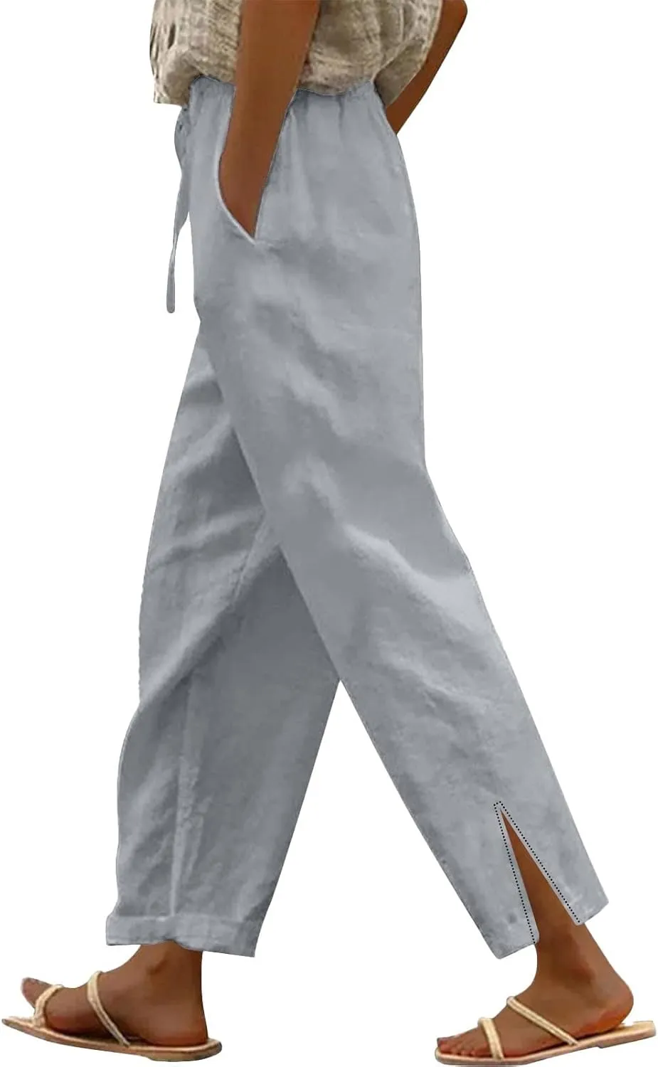Linen Pants Women High Waisted Beach Pants Loose Lightweight Wide Leg Trousers with Pockets Workout Vacation Capris