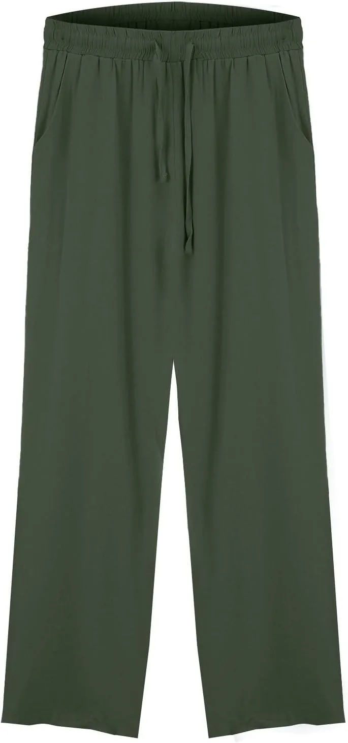 Linen Pants Women Lightweight Capri Pants Cotton Elastic Waist Trousers Casual Loose Summer Lounge Long Trousers