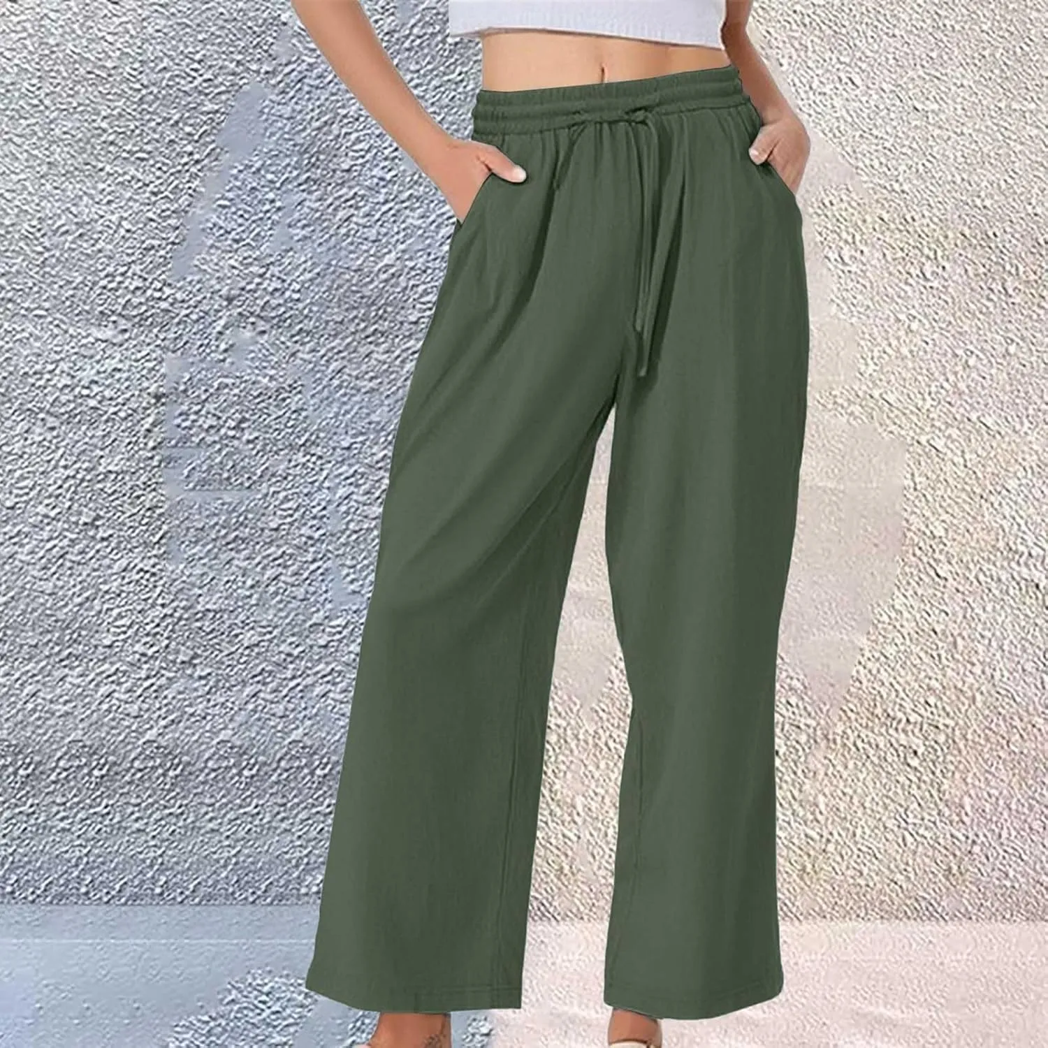 Linen Pants Women Lightweight Capri Pants Cotton Elastic Waist Trousers Casual Loose Summer Lounge Long Trousers