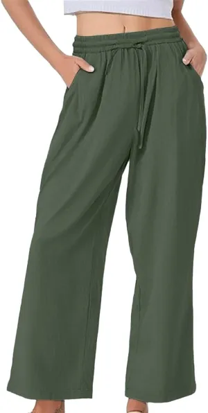 Linen Pants Women Lightweight Capri Pants Cotton Elastic Waist Trousers Casual Loose Summer Lounge Long Trousers