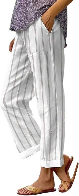Linen Pants Women Summer, Cotton Pants, Pantalones De Verano para Mujer, Capri High Waisted Dressy Trousers Loose Travel Vacation Lounge Trousers White Large