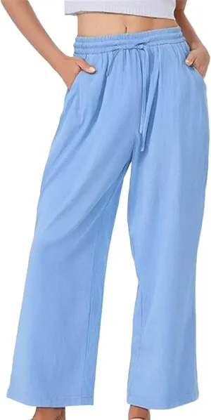 Linen Wide Leg Checkered Trousers Leg Pants Casual Baggy Elastic Waistband with Pockets Fashionable Pants Casua