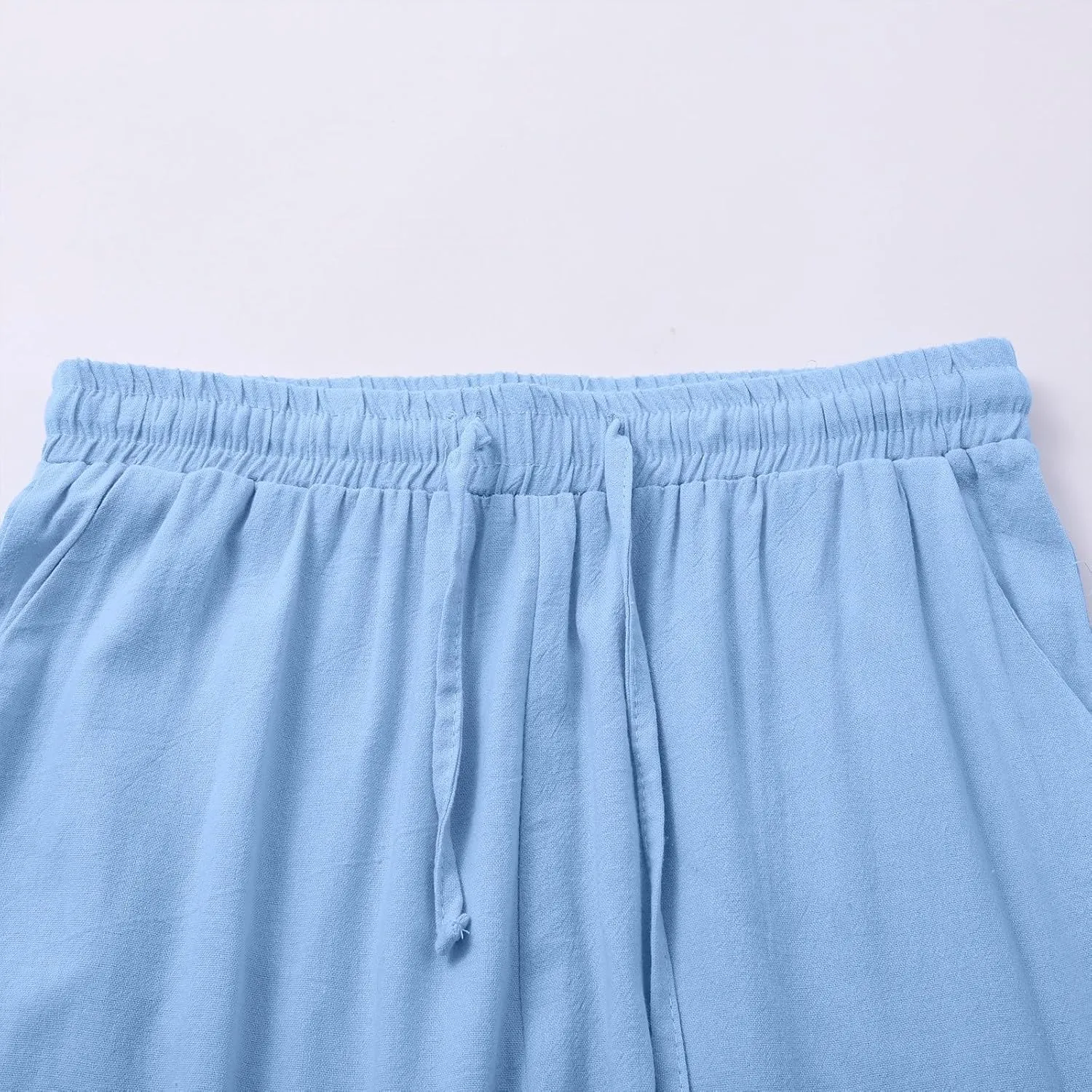 Linen Wide Leg Checkered Trousers Leg Pants Casual Baggy Elastic Waistband with Pockets Fashionable Pants Casua