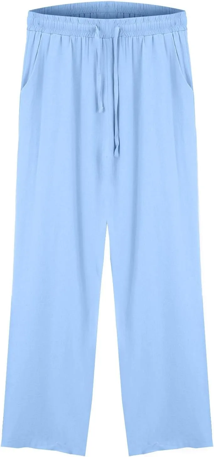 Linen Wide Leg Checkered Trousers Leg Pants Casual Baggy Elastic Waistband with Pockets Fashionable Pants Casua