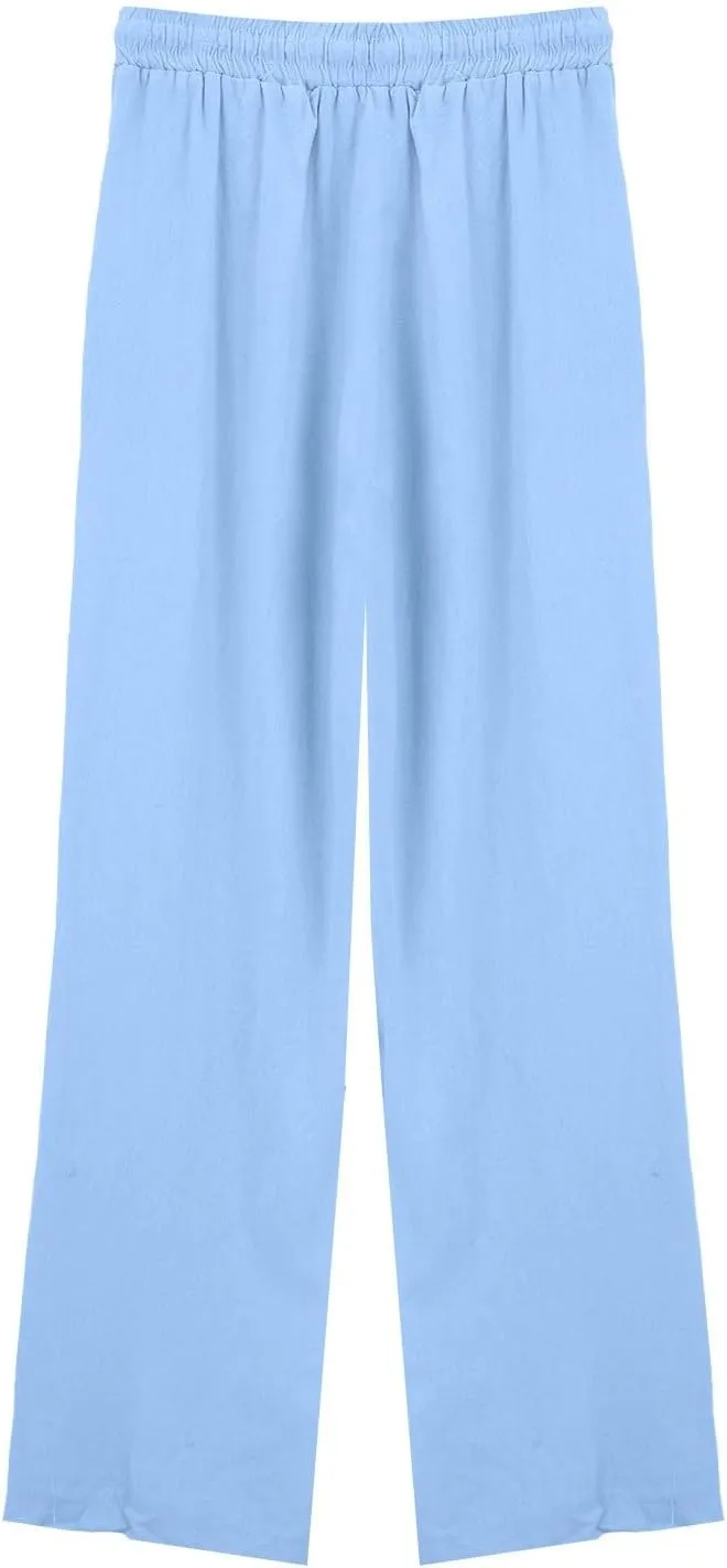 Linen Wide Leg Checkered Trousers Leg Pants Casual Baggy Elastic Waistband with Pockets Fashionable Pants Casua