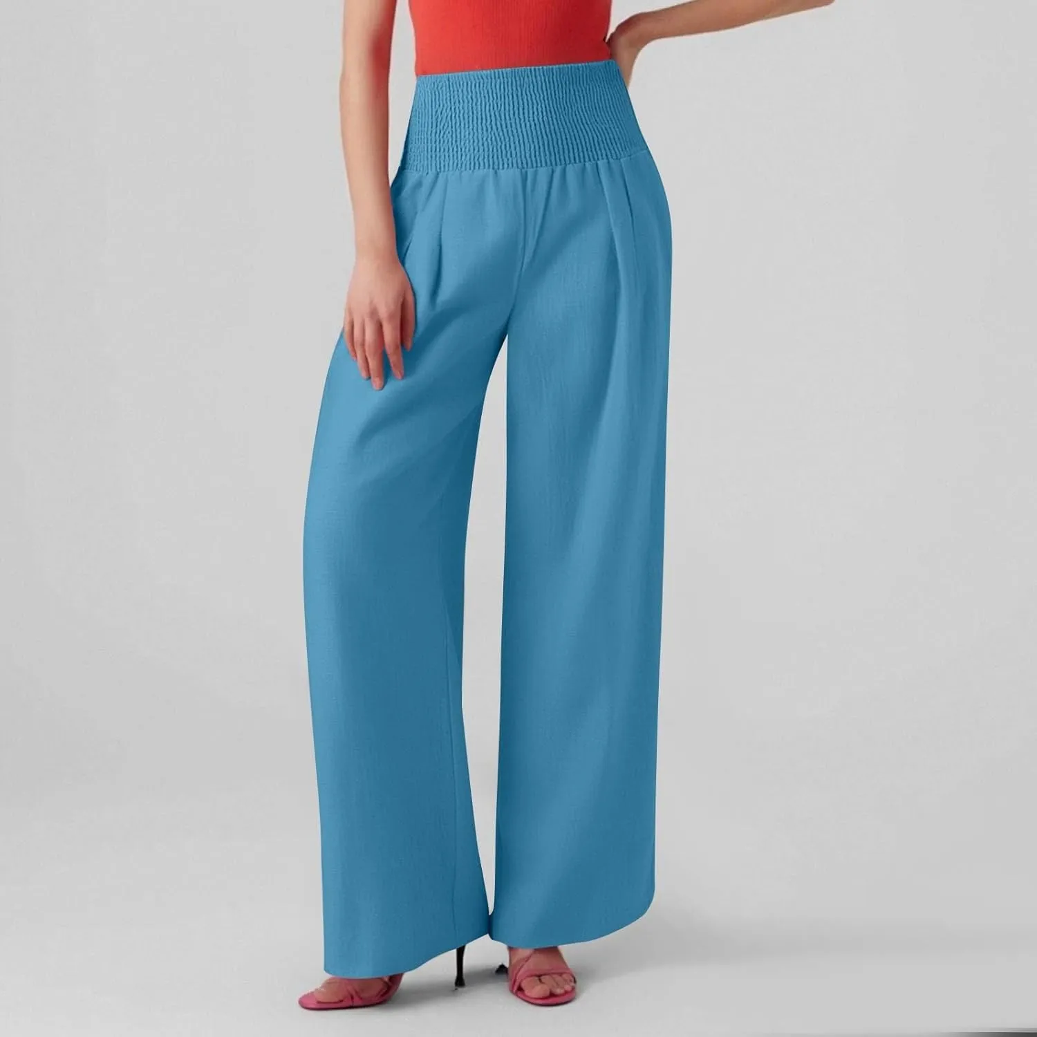 Linen Work Pants Women Palazzo Pants Summer Smocked High Waisted Wide Legged Pant Baggy Trousers with Pockets