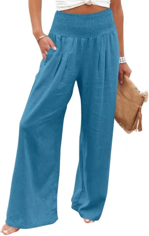 Linen Work Pants Women Palazzo Pants Summer Smocked High Waisted Wide Legged Pant Baggy Trousers with Pockets