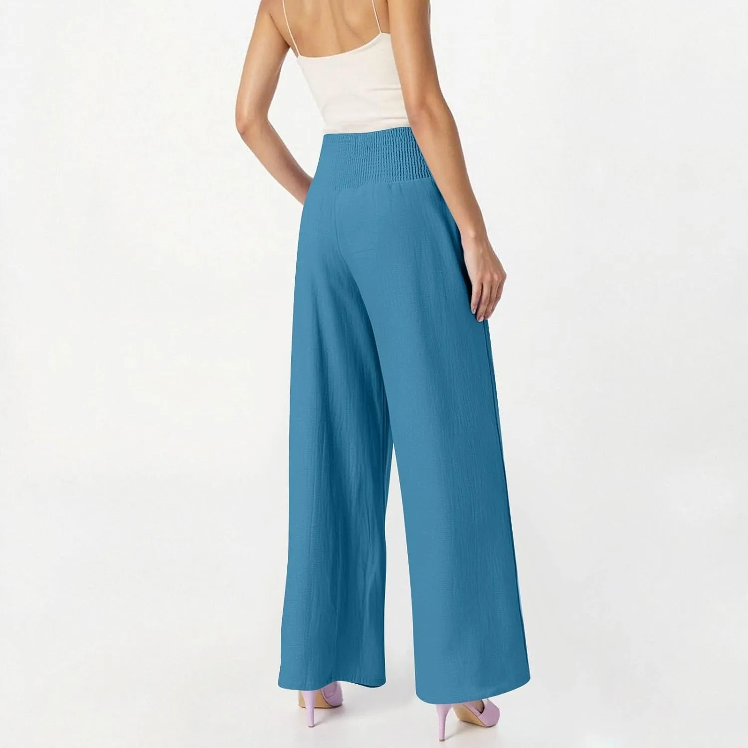 Linen Work Pants Women Palazzo Pants Summer Smocked High Waisted Wide Legged Pant Baggy Trousers with Pockets