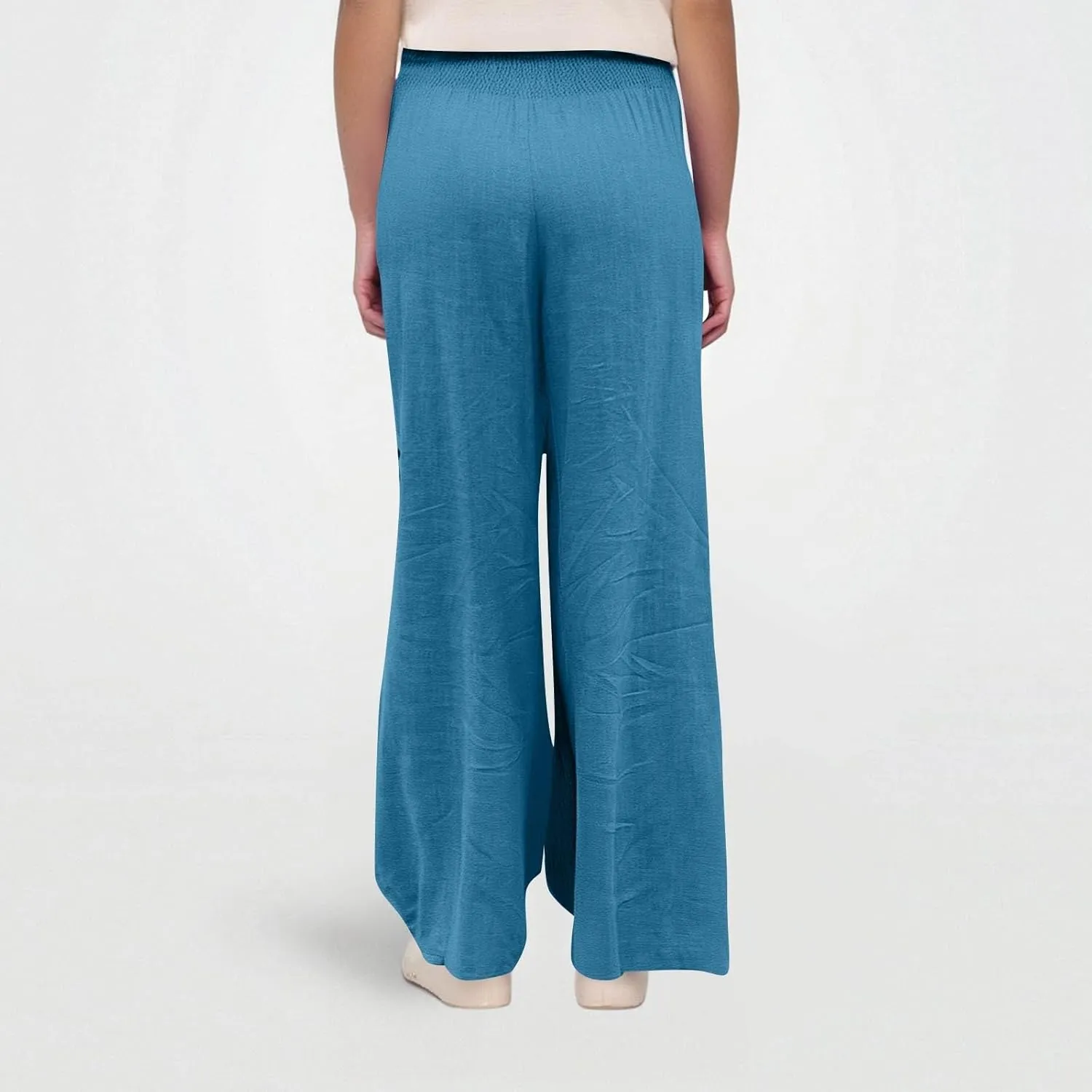 Linen Work Pants Women Palazzo Pants Summer Smocked High Waisted Wide Legged Pant Baggy Trousers with Pockets