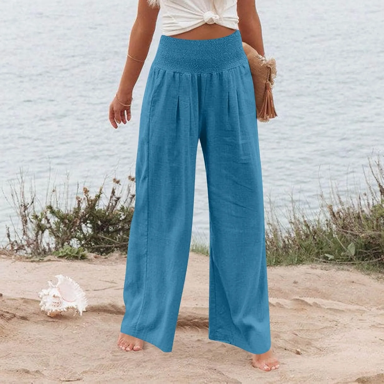 Linen Work Pants Women Palazzo Pants Summer Smocked High Waisted Wide Legged Pant Baggy Trousers with Pockets