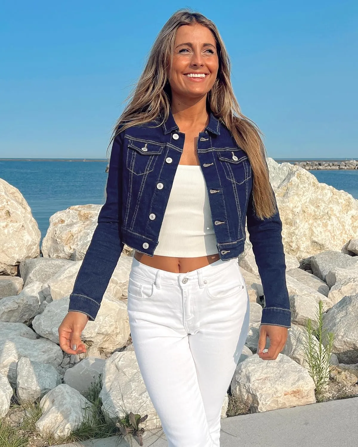 luvamia 2025 Cropped Jean Jackets for Women Fashion Short Denim Shacket Jacket Lightweight Fitted Stretchy with Pockets