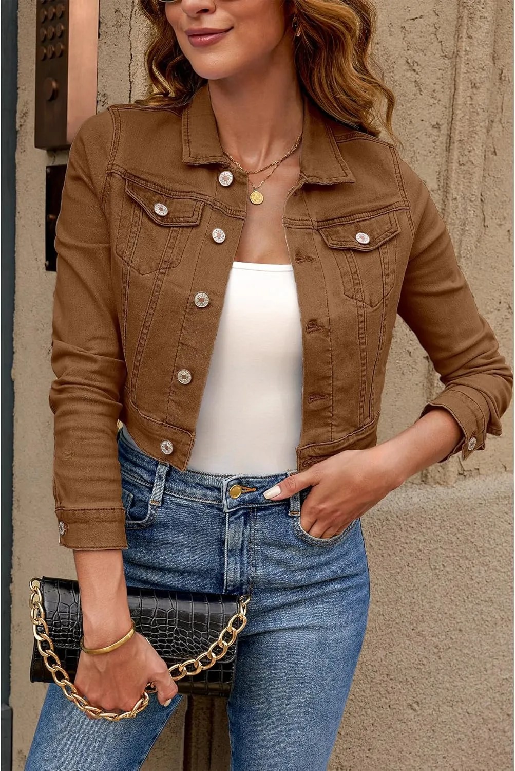 luvamia 2025 Cropped Jean Jackets for Women Fashion Short Denim Shacket Jacket Lightweight Fitted Stretchy with Pockets