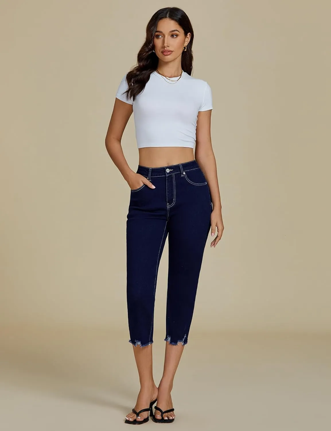 luvamia Jean Capri Pants for Women High Waisted Ripped Skinny Jeans Stretchy Denim Capris Cropped Jeggings with Pockets