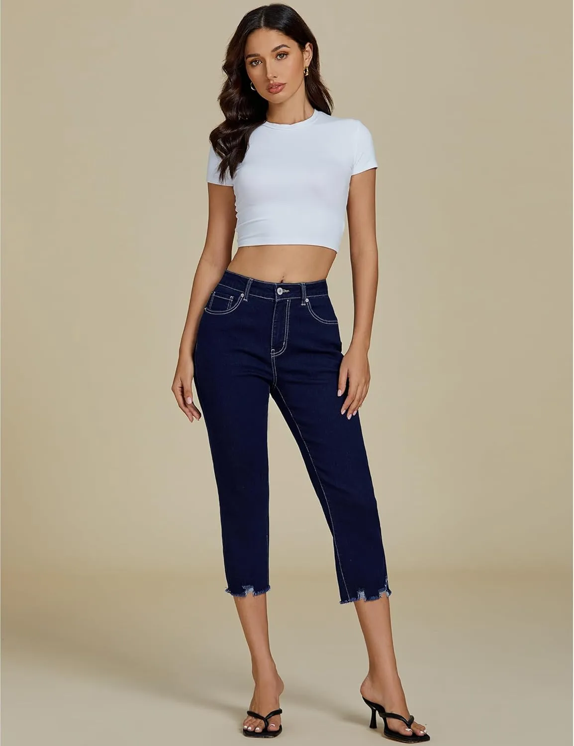 luvamia Jean Capri Pants for Women High Waisted Ripped Skinny Jeans Stretchy Denim Capris Cropped Jeggings with Pockets