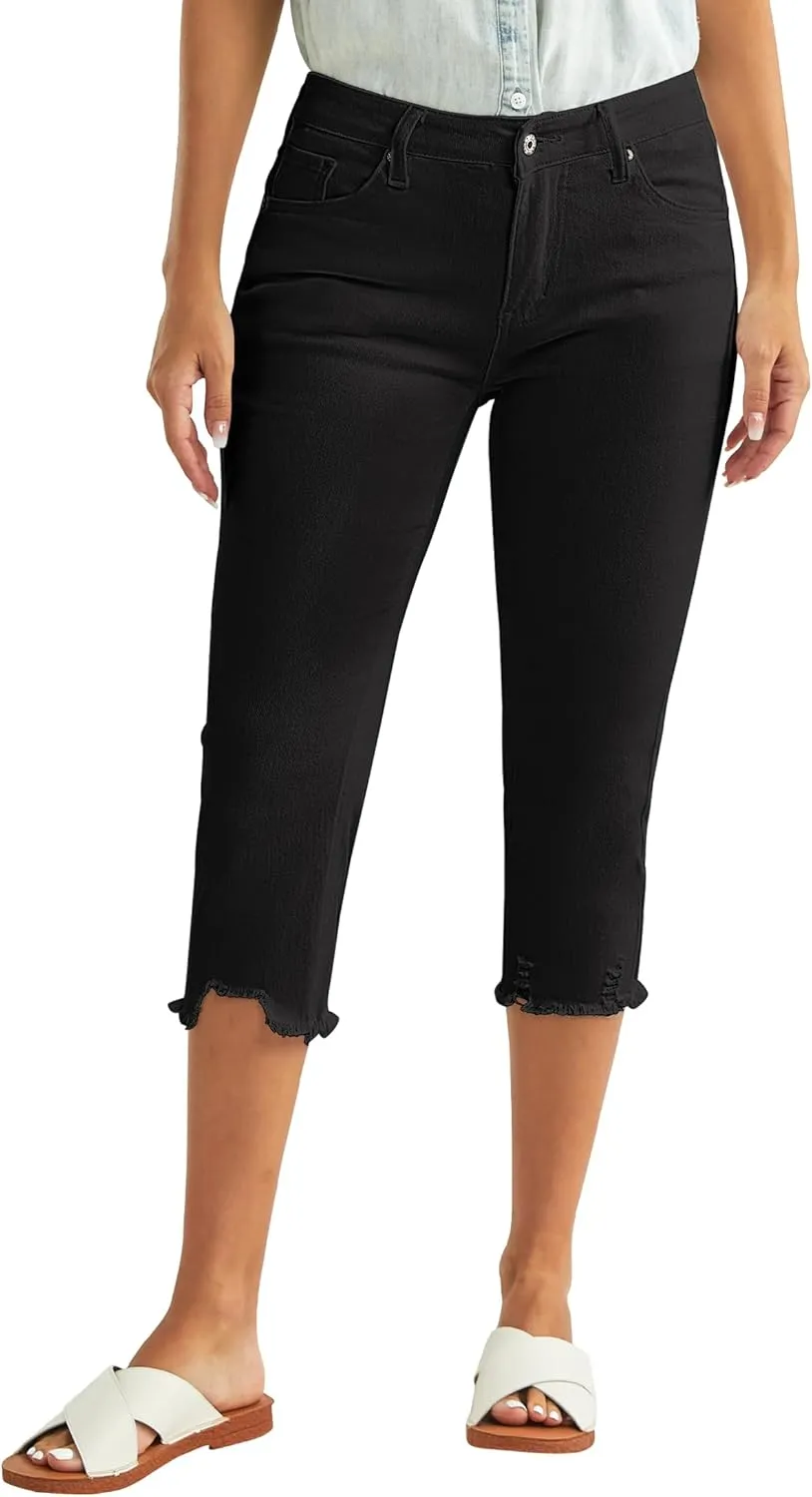luvamia Jean Capri Pants for Women High Waisted Ripped Skinny Jeans Stretchy Denim Capris Cropped Jeggings with Pockets