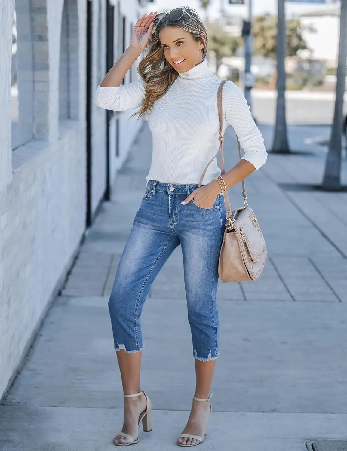 luvamia Jean Capri Pants for Women High Waisted Ripped Skinny Jeans Stretchy Denim Capris Cropped Jeggings with Pockets