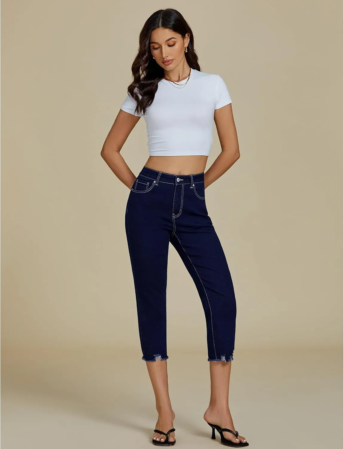 luvamia Jean Capri Pants for Women High Waisted Ripped Skinny Jeans Stretchy Denim Capris Cropped Jeggings with Pockets
