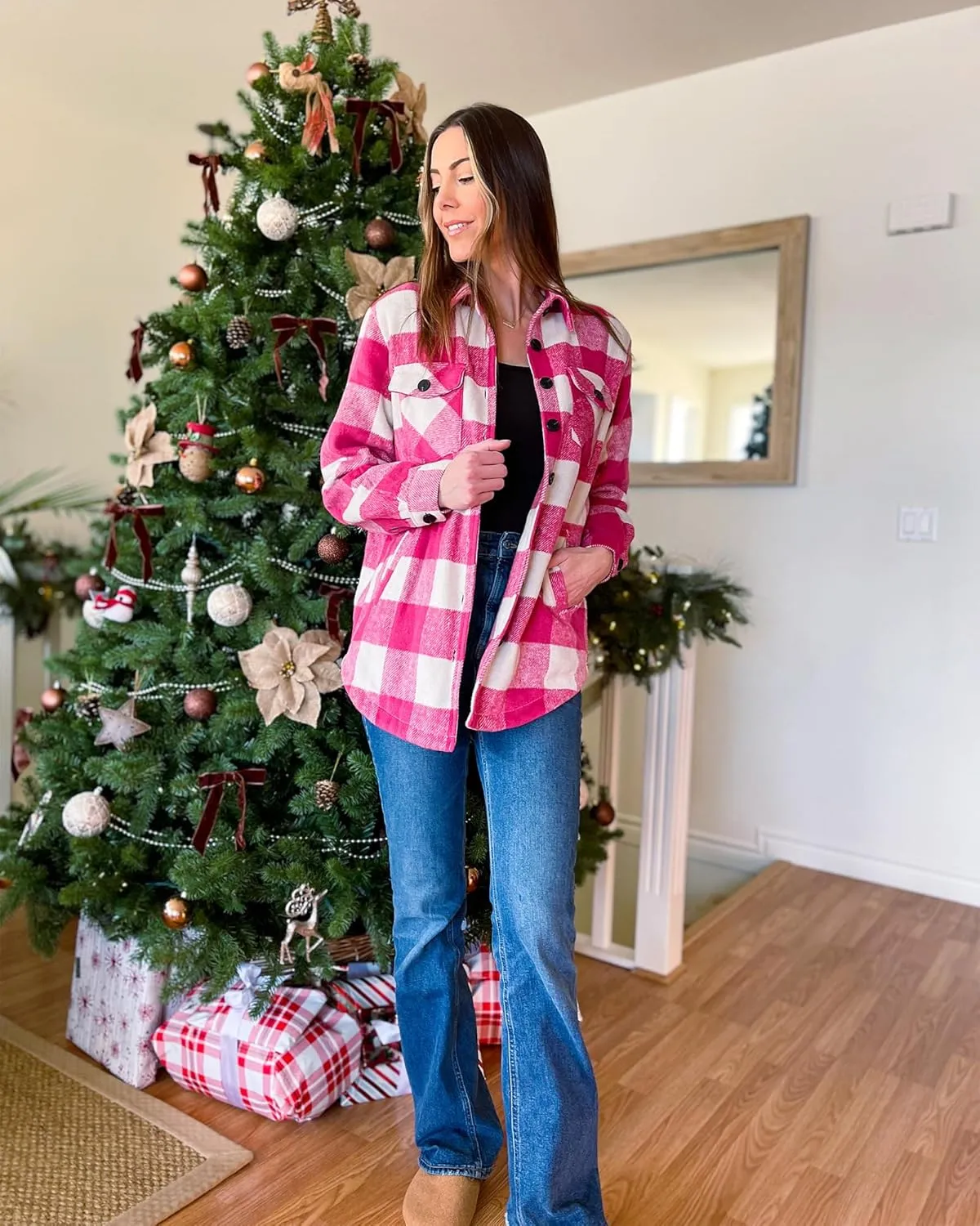 luvamia Plaid Jackets for Women Flannel Quilted Shacket Coats Oversized Button Down Shirts Jacket