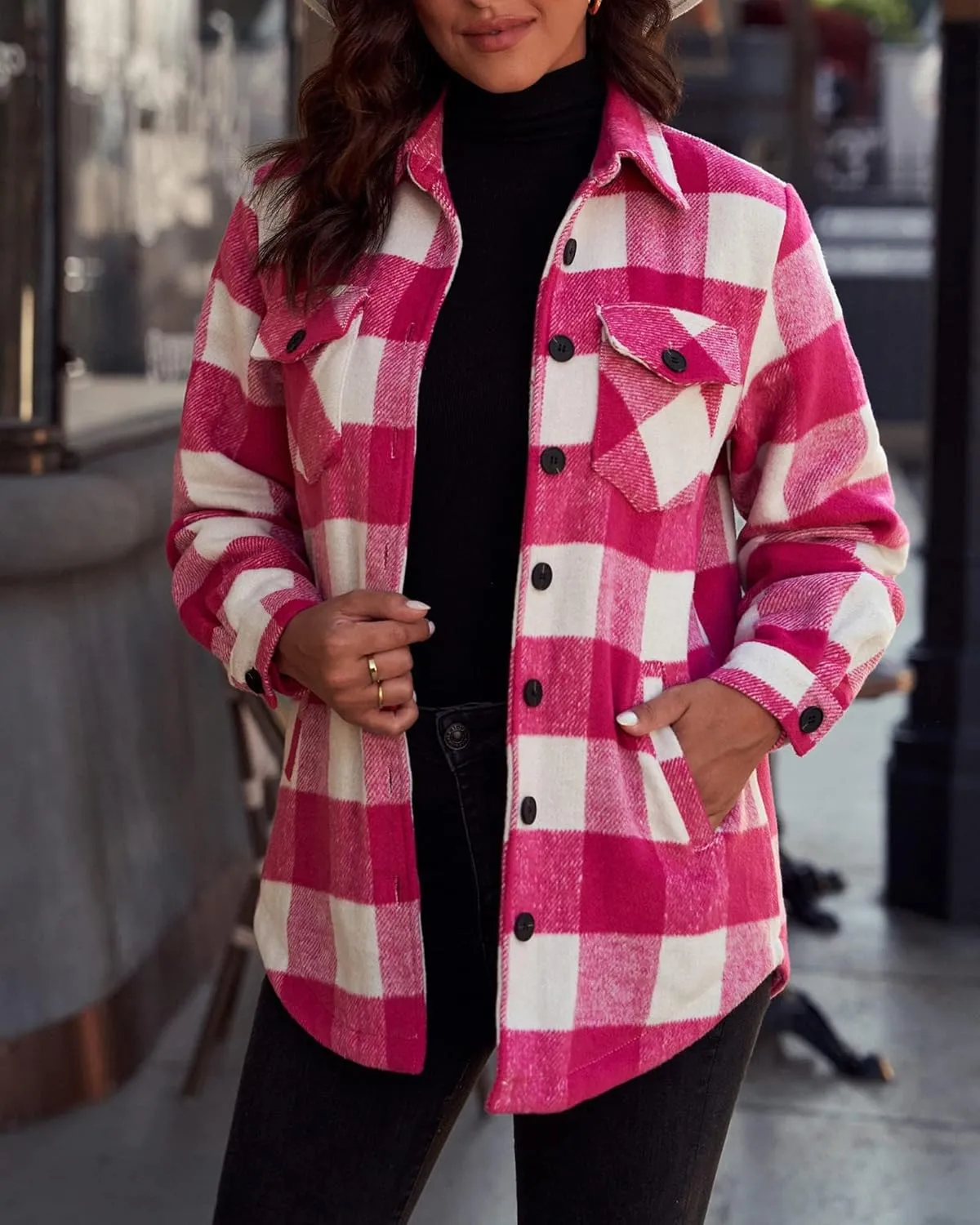 luvamia Plaid Jackets for Women Flannel Quilted Shacket Coats Oversized Button Down Shirts Jacket