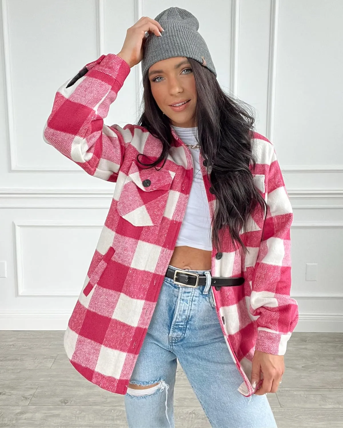 luvamia Plaid Jackets for Women Flannel Quilted Shacket Coats Oversized Button Down Shirts Jacket