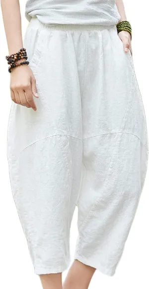 LUZU JUNU Womens Summer Cotton Linen Cropped Capri Trouser Casual Loose Wide Leg Baggy Pants