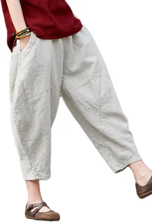 LUZU JUNU Womens Summer Cotton Linen Cropped Capri Trouser Casual Loose Wide Leg Baggy Pants