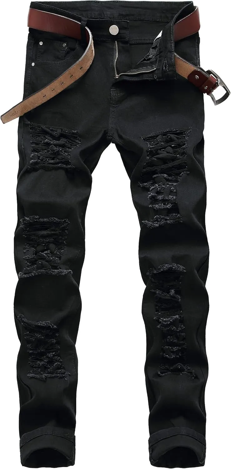 LZLER Mens Ripped Jeans,Distressed Destroyed Slim Fit Straight Leg Denim Pant with Holes