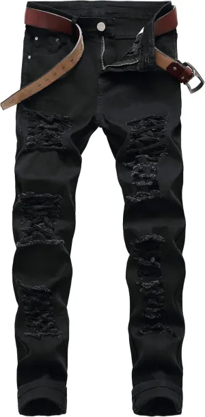 LZLER Mens Ripped Jeans,Distressed Destroyed Slim Fit Straight Leg Denim Pant with Holes