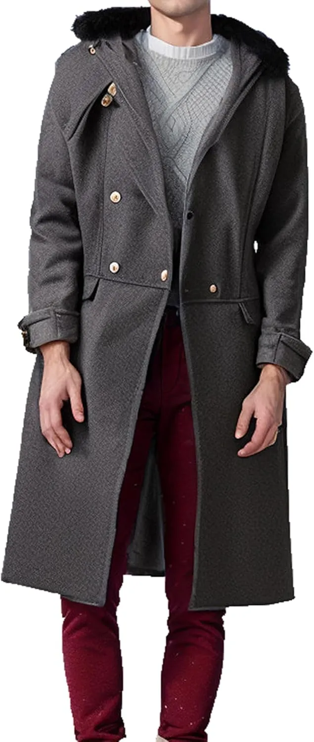 Maiyifu-GJ Men's Wool Blend Long Pea Coat Slim Fit Double Breasted Trench Coats Winter Warm Mid-Length Jackets Overcoat